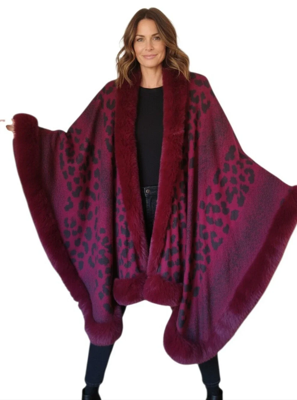 Kathy Ireland Fashion 360 Safari Skies Faux Fur Trim Cape - SZ OS
